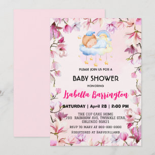 Invitation Pink Cute Boy nuit ciel fleurs baby shower enfants