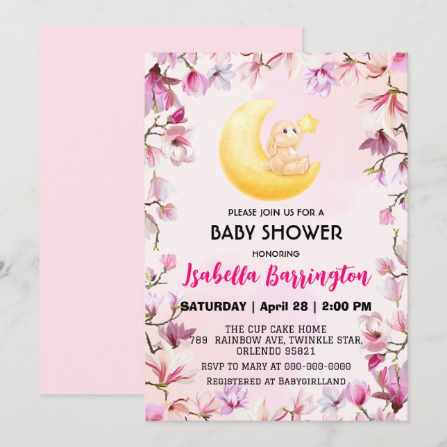 Invitation Pink Cute lapin fleurs baby shower enfants (Devant / Derrière)