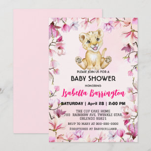 Invitation Pink Cute Lion cub fleurs sauvages baby shower enf