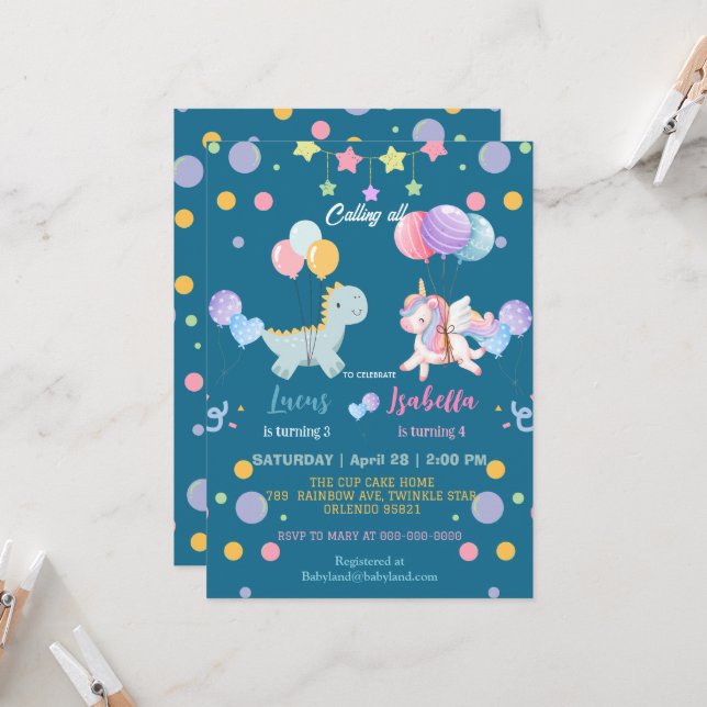 Invitation Pink Cute Magique Unicorn dinosaures fête d'annive (Devant/Arrière en situation)