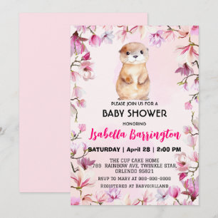 Invitation Pink Cute Otter cub fleurs sauvages baby shower en