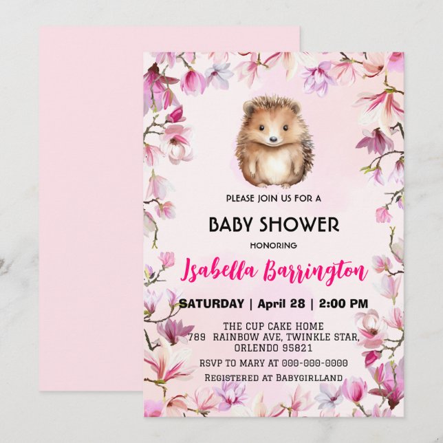Invitation Pink Cute porc-épic fleurs baby shower enfants (Devant / Derrière)