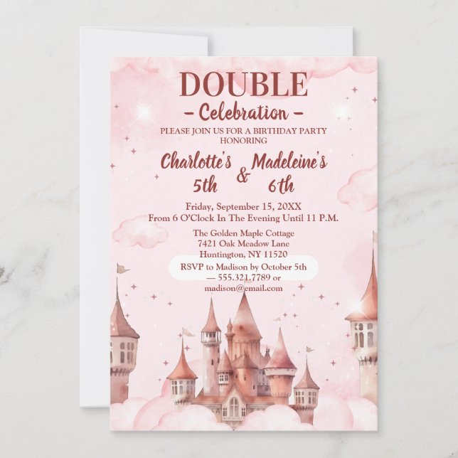 Invitation  Pink Cute Princess Castle Joint Birthday (Devant)