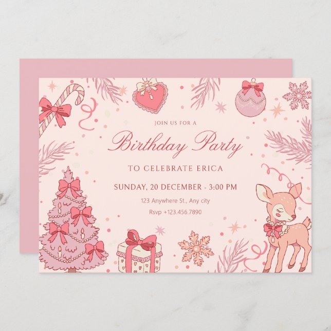 Invitation Pink cute winter birthday (Devant / Derrière)