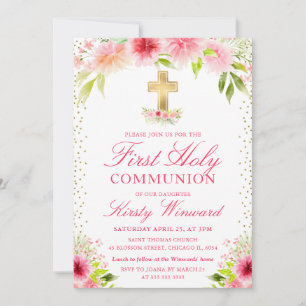 Invitation Pink Dahlia Peony Flowers Première Communion saint