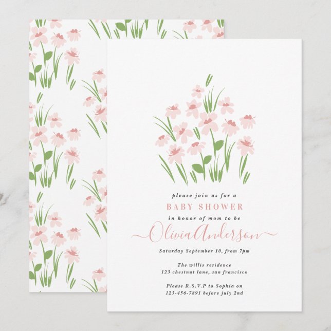 Invitation Pink daisy floral élégant beautiful baby (Devant / Derrière)
