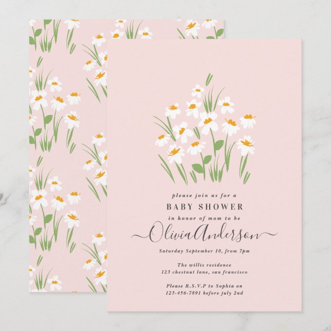 Invitation Pink daisy floral élégant beautiful baby (Devant / Derrière)