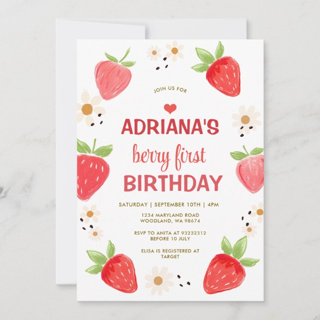 Invitation Pink Daisy Floral Gingham Berry First Birthday (Devant)
