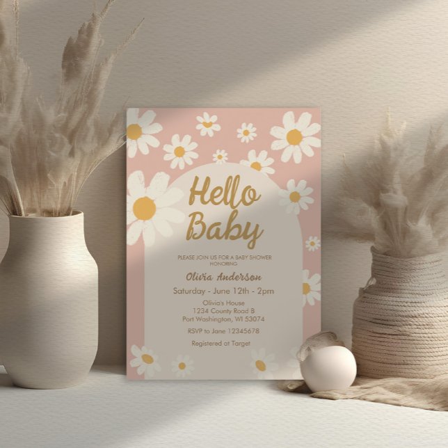 Invitation Pink Daisy Hello Baby Retro Baby Douche (Créateur téléchargé)