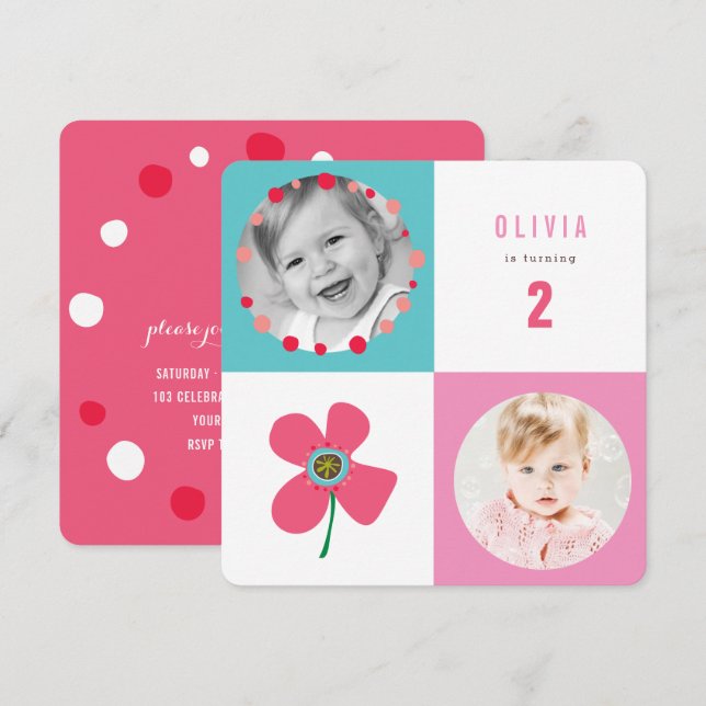 Invitation Pink Daisy Pop Carrés fille Anniversaire Photo Inv (Devant / Derrière)