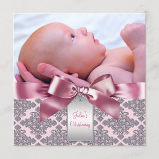 Invitation Pink Damask Baby Girl Photo Christening