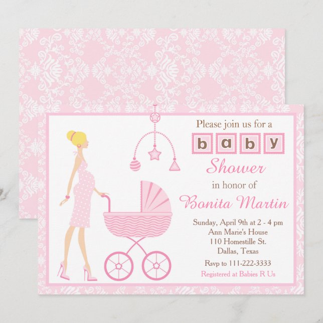 Invitation Pink Damask Blonde s'attend à un Baby shower fémin (Devant / Derrière)