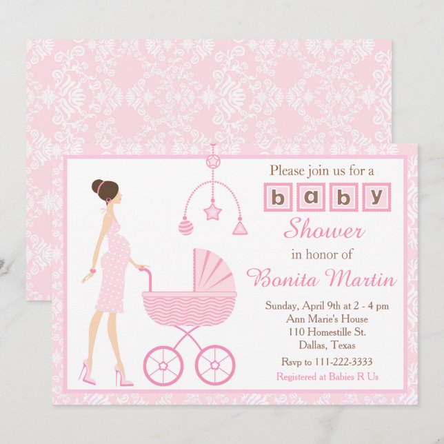 Invitation Pink Damask Brunette Attente d'un Baby shower fémi (Devant / Derrière)