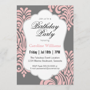 Invitation Pink Damask fête d'anniversaire