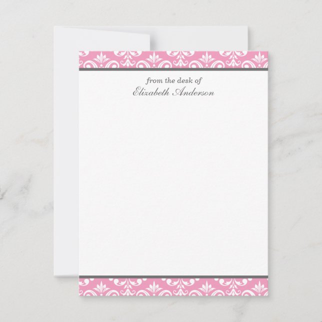 Invitation Pink Damask Flat Merci Notes (Devant)