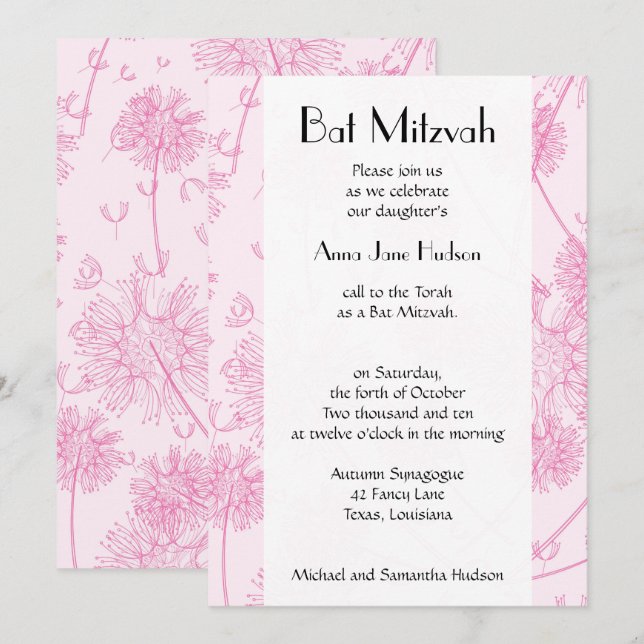 Invitation Pink Dandelion Flowers, Floral, bat Mitzvah (Devant / Derrière)