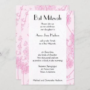 Invitation Pink Dandelion Flowers, Floral, bat Mitzvah