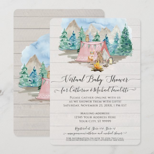 Invitation Pink Deer Bear Rustic Forest Baby shower virtuel (Devant / Derrière)