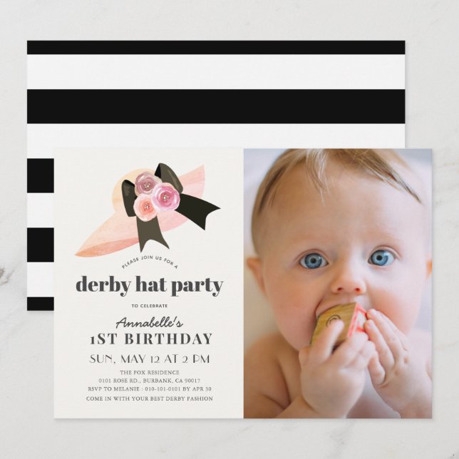 Invitation Pink Derby Casquette Rose 1er anniversaire de fête (Devant / Derrière)