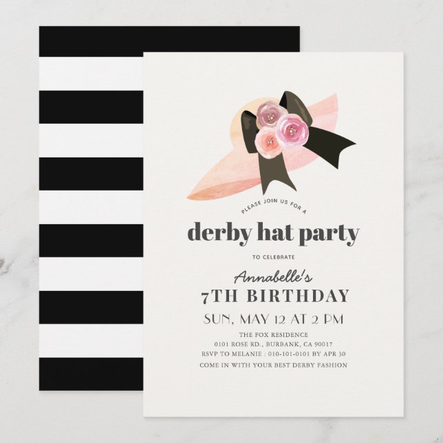 Invitation Pink Derby Casquette Rose Fille Anniversaire Fête  (Devant / Derrière)