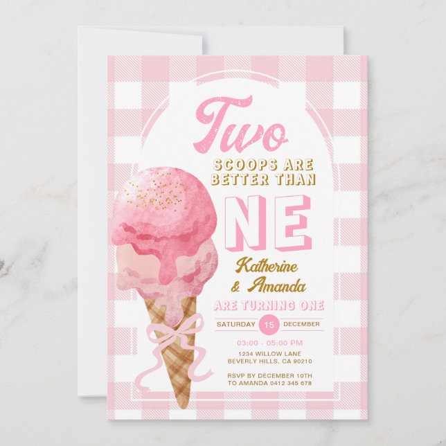 Invitation Pink Deux scoops sont meilleurs qu'un 1er annivers (Devant)