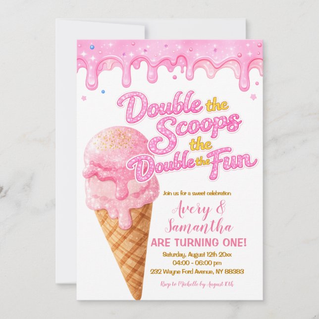 Invitation Pink Double the Scoops Birthday Glitter Sparkle (Devant)