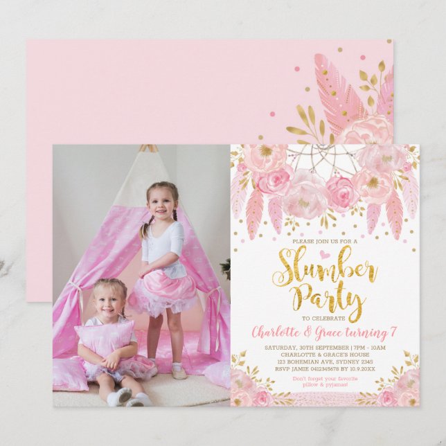 Invitation Pink Dreamcatcher Fête de bois d'oeuvre (Devant / Derrière)