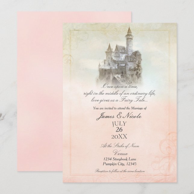 Invitation Pink Dreamy conte fée Histoire livre Mariage Châte (Devant / Derrière)