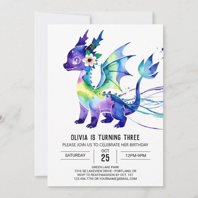 Invitation Pink Editable Dragon Digital Girl Anniversaire (Devant)