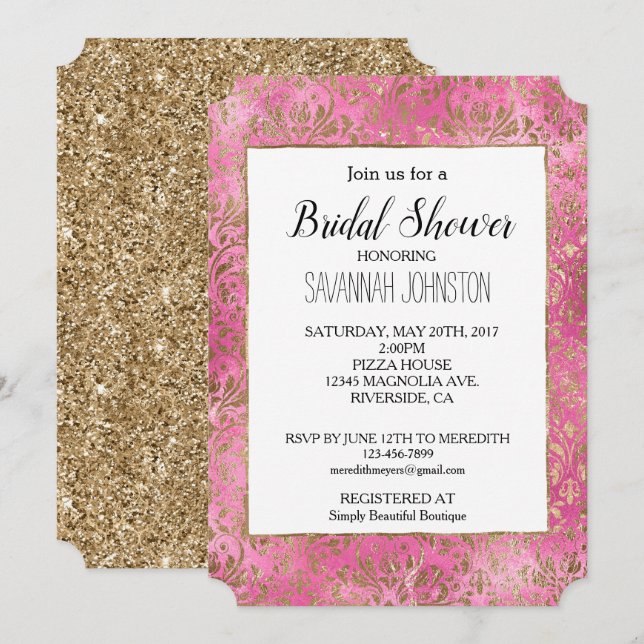 Invitation Pink Elegant Gold Damask (Devant / Derrière)