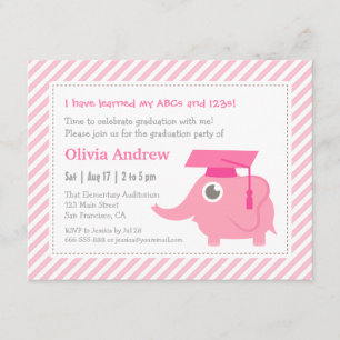 Invitation Pink Elephant Kids Kindergarten Graduation Party