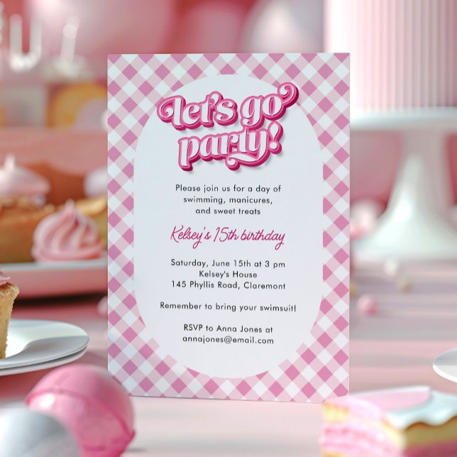 Invitation Pink En vichy Allons faire la fête Anniversaire (pink gingham birthday party invitation with "let's go party" text.)