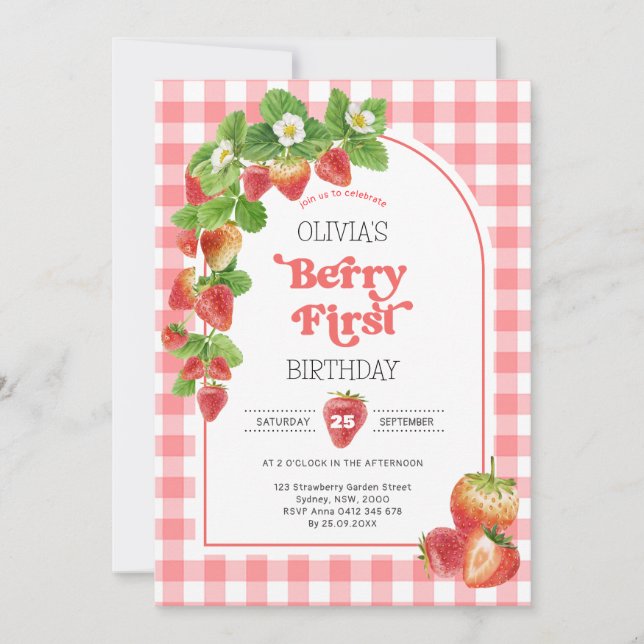 Invitation Pink En vichy Berry Première fraise 1er anniversai (Devant)