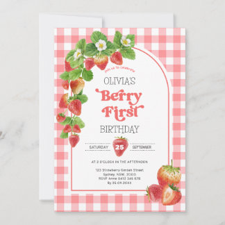 Invitation Pink En vichy Berry Première fraise 1er anniversai