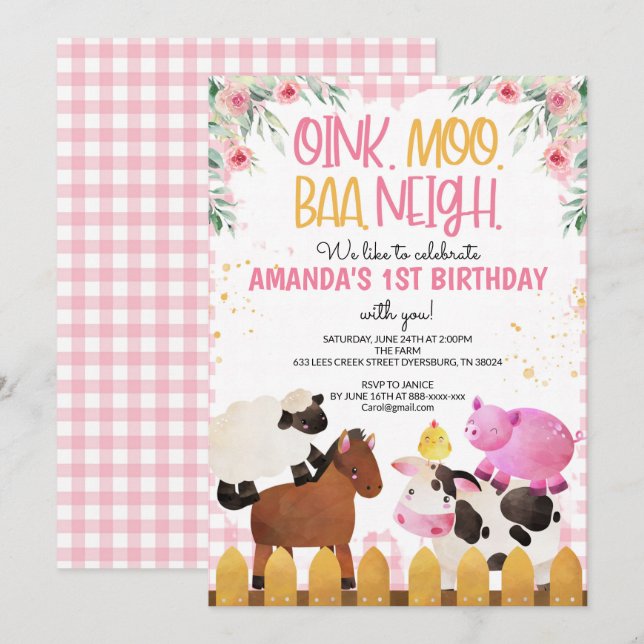 Invitation Pink En vichy Farm Animaux Fille Anniversaire Barn (Devant / Derrière)