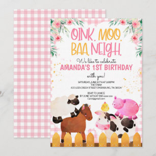Invitation Pink En vichy Farm Animaux Fille Anniversaire Barn