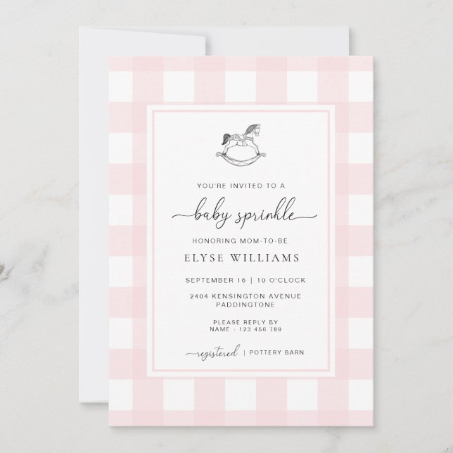 Invitation Pink En vichy Rocking Horse Baby Sprinkings (Devant)
