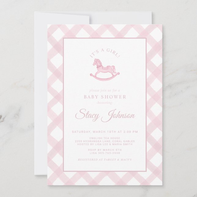 Invitation Pink En vichy Rocking Horse Girl Baby shower Invit (Devant)