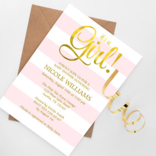 Invitation Pink et Faux Gold Stripes Baby shower fille