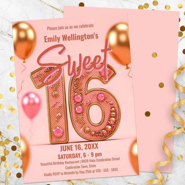 Invitation Pink et Gold Sweet 16 Célébration (Créateur téléchargé)