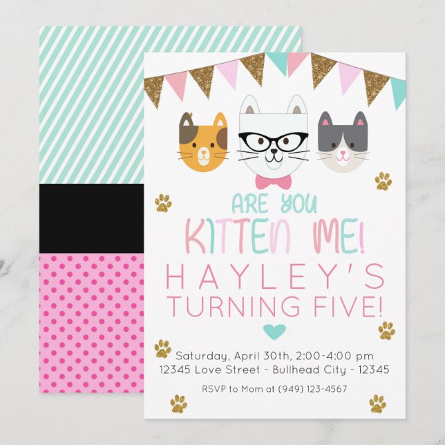 Invitation Pink et Mint Are You Kitten Me Chat Anniversaire (Devant / Derrière)
