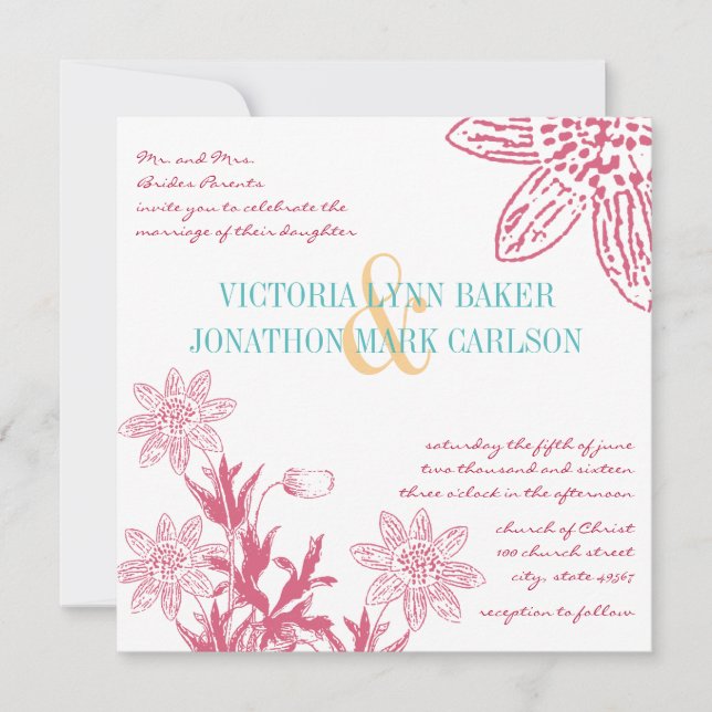 Invitation Pink et Mint Gerber Daisy Wedding invite (Devant)