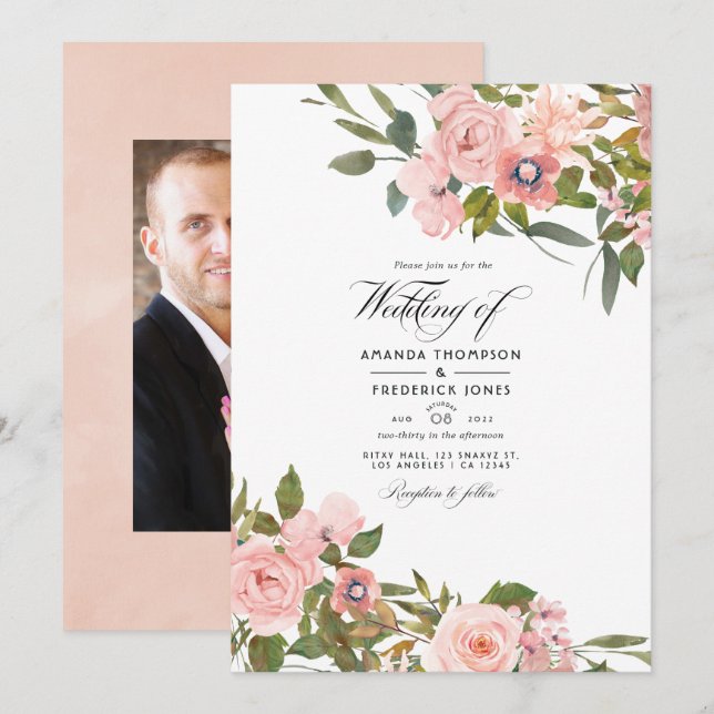 Invitation Pink et or Rose floral Mariage photo (Devant / Derrière)