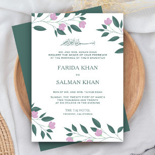 Invitation Pink et Turquoise branche verte musulmane Mariage 