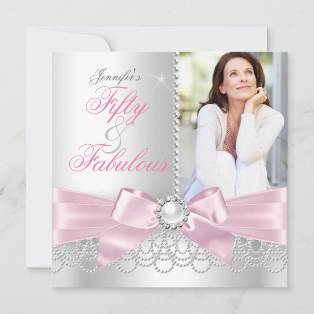 Invitation Pink Fabulous 50 Bow white Pearls Photo Anniversai (Devant)