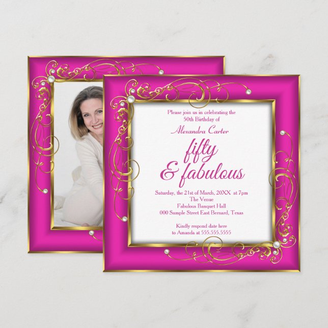 Invitation Pink Fabulous 50 Photo Gold Pearl fête d'anniversa (Devant / Derrière)