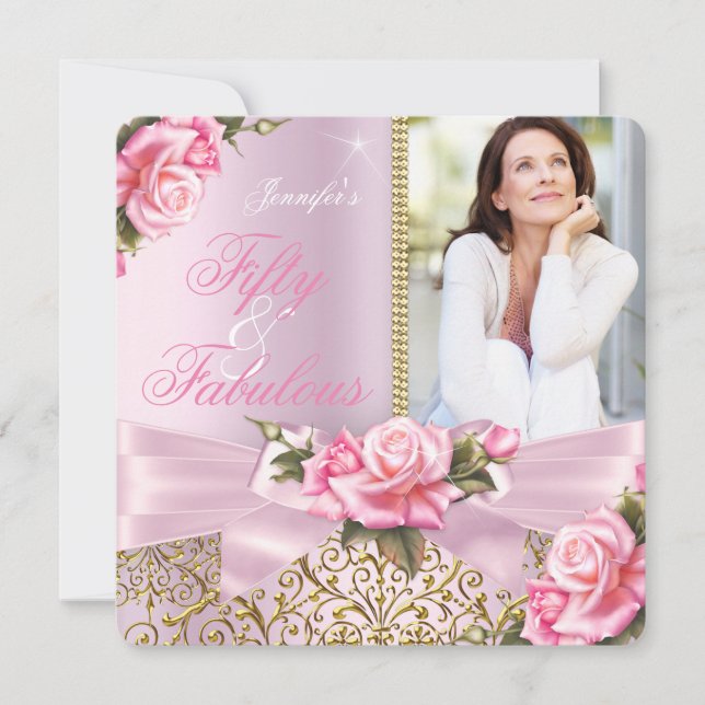 Invitation Pink Fabulous 50 Rose Bow Photo Anniversaire (Devant)