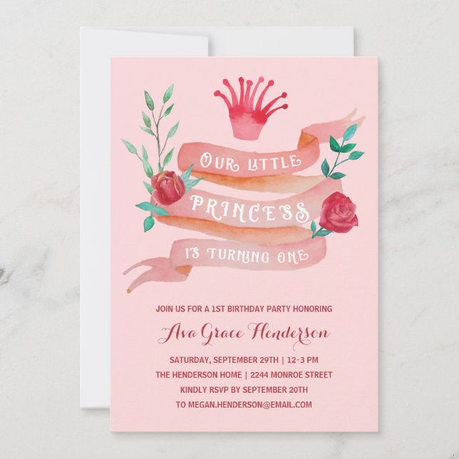 Invitation Pink Fairy Tale Princesse 1er Anniversaire Fille (Devant)