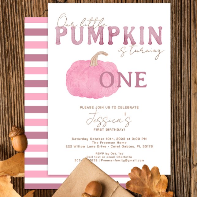 Invitation Pink Fall Citrouille 1er anniversaire de fête Invi (pink pumpkin modern watercolor birthday party invitation)