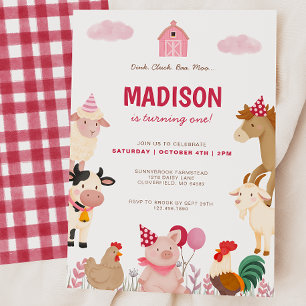 Invitation Pink Farm Animal Barnyard Première fête d'annivers